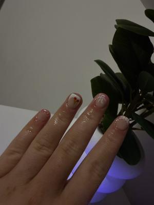 Sheer nude nails with delicate white french tips, tiny hearts, and gold accents